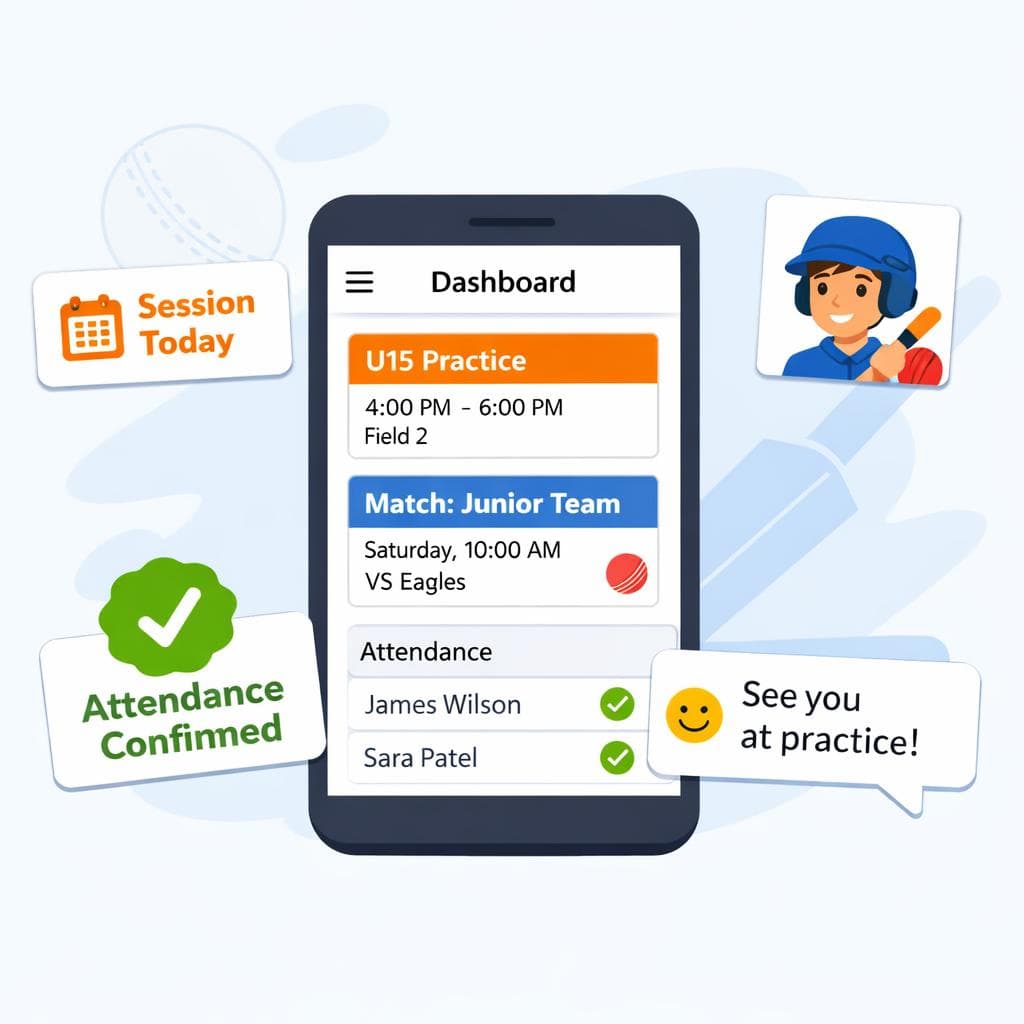 Cricket Masters app dashboard showing scheduling, attendance tracking, and team messaging